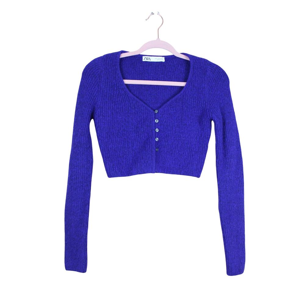 Zara Royal Blue Cropped Button-Front Ribbed Cardigan